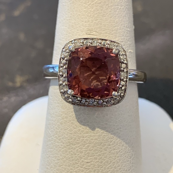 Sterling Silver Synthetic Pink Quartz & Diamond Halo Ring - Picture 4 of 4